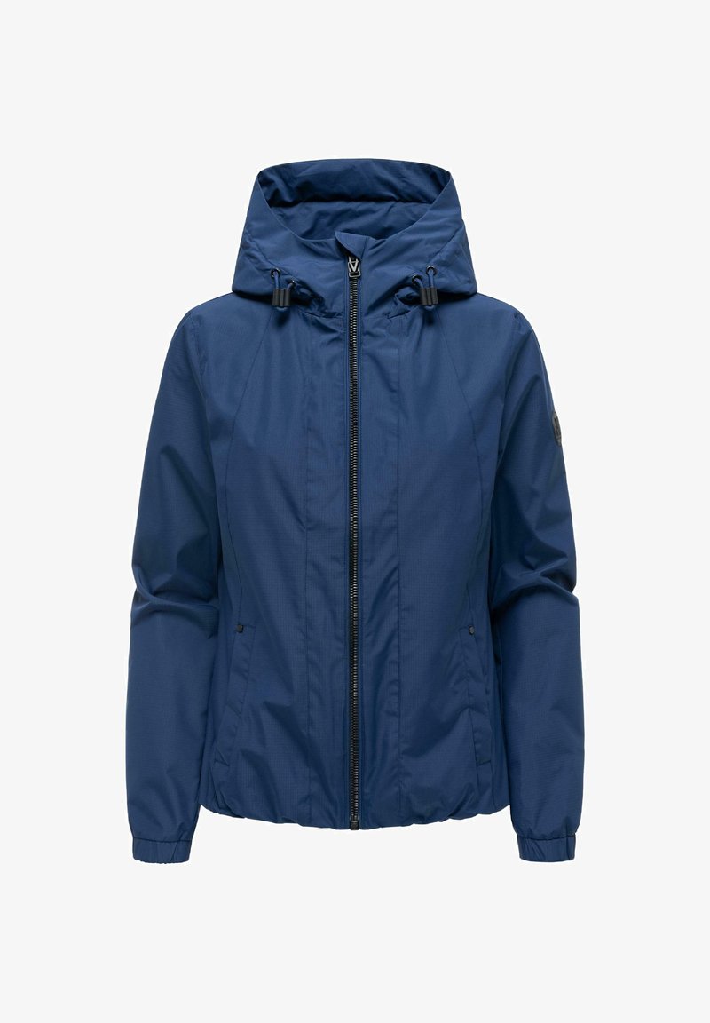 Marineblaue Kapuzenjacke mit Frontreißverschluss, verstellbaren Kordeln an der Kapuze, elastischen Bündchen und zwei Fronttaschen.