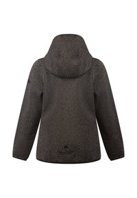 Chaqueta texturizada de color gris oscuro con capucha, que presenta un patrón sutil y puños elásticos. Incluye una marca en la parte trasera, cerca del dobladillo.