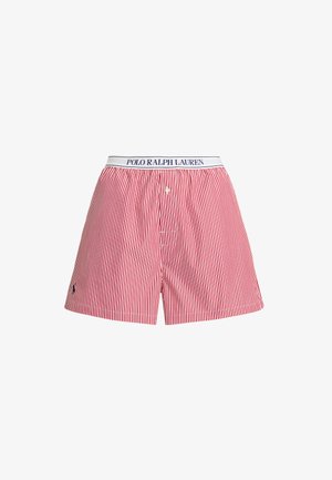 Rot-weiße vertikal gestreifte Boxershorts mit Knopfleiste und weißem Bund, der mit "Polo Ralph Lauren" in Blau beschriftet ist.