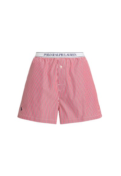 Röd och vit vertikalt randig kalsongshorts med knappslå och vit midja märkt "Polo Ralph Lauren" i blått.
