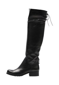 Schwarze Leder-Kniehohe Stiefel mit runder Spitze, Blockabsatz und gerafftem Bündchen, ausgestattet mit einem Reißverschluss und einem Kordelzug-Detail. Glatte Textur.