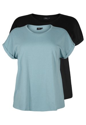 Two short-sleeve T-shirts: one in light blue with rolled cuffs and another in black. Both feature a classic round neckline.