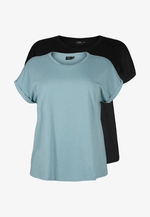Two short-sleeve T-shirts: one in light blue with rolled cuffs and another in black. Both feature a classic round neckline.