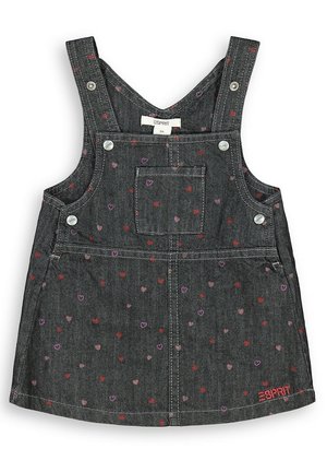 Mørkegrå denimkjole til småbørn med røde og pink hjerteprint, forlomme, metal-knapper og rød Esprit-logo nederst til højre.