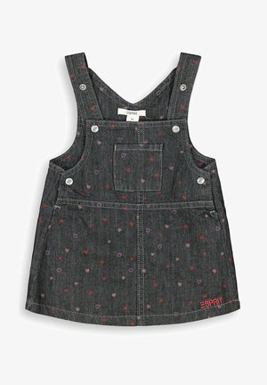 Mørkegrå denimkjole til småbørn med røde og pink hjerteprint, forlomme, metal-knapper og rød Esprit-logo nederst til højre.