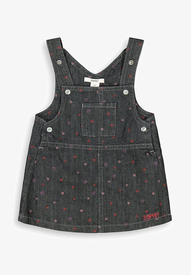 Robe bébé en denim gris foncé avec motifs de cœurs rouges et roses, poche avant, boutons en métal et logo rouge Esprit en bas à droite.