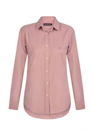Maglietta a maniche lunghe rosa chiaro in cotone. Presenta una chiusura con bottoni davanti, un orlo curvo e un piccolo logo ricamato sul petto.