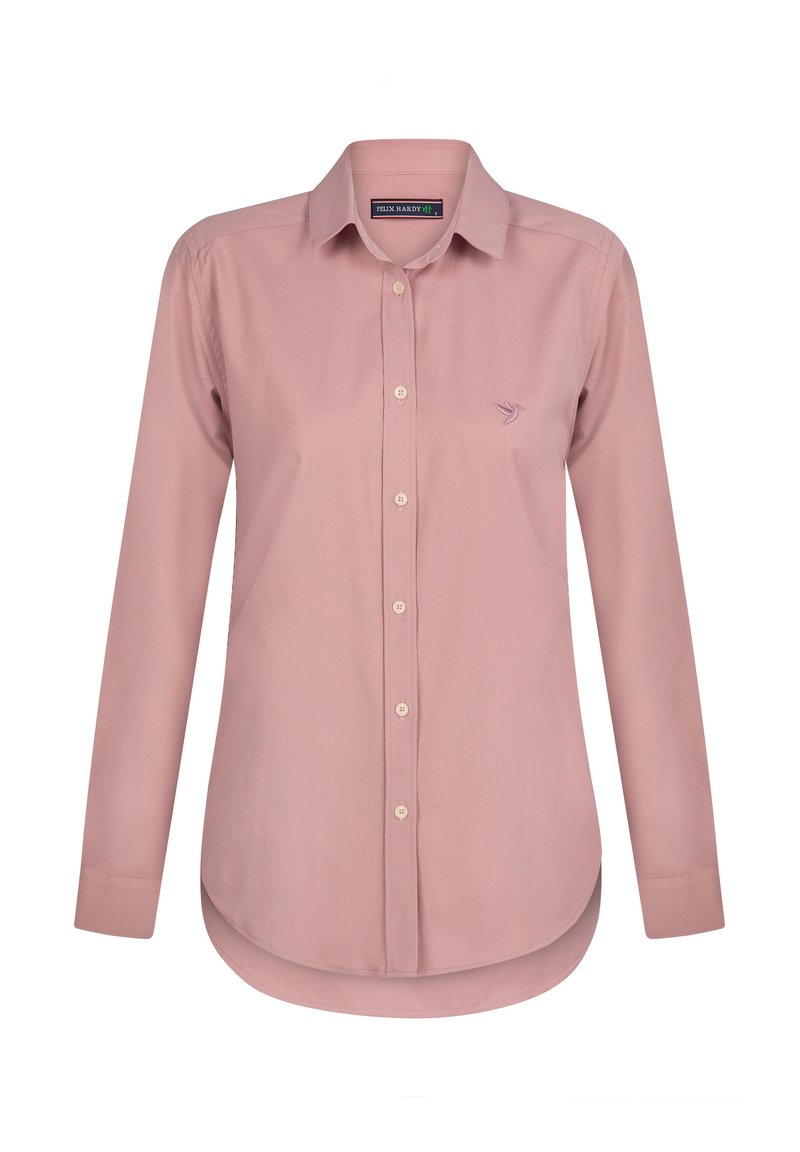 Maglietta a maniche lunghe rosa chiaro in cotone. Presenta una chiusura con bottoni davanti, un orlo curvo e un piccolo logo ricamato sul petto.