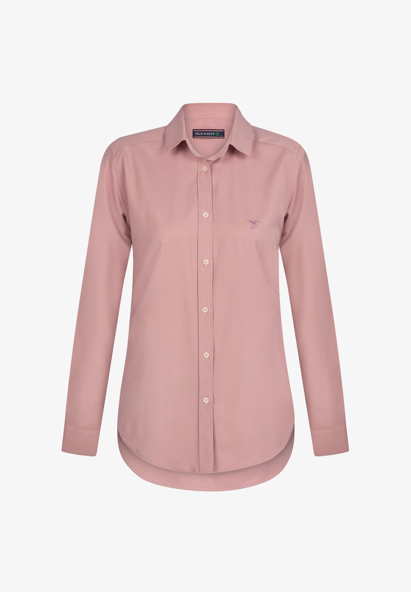 Helles rosa Langarmhemd aus Baumwolle. Verfügt über eine Knopfleiste, einen abgerundeten Saum und ein kleines gesticktes Logo auf der Brust.