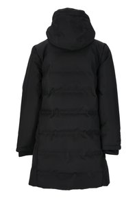 Sort dunjakke med hætte, prydet med en quiltet design, glat tekstur og en mellemlang skæring, velegnet til koldt vejr.