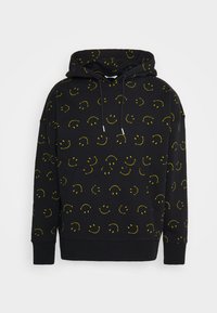 Black hoodie made of soft fabric, featuring a pattern of yellow smiley faces, with a drawstring hood and front pocket.