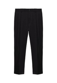 Zwarte op maat gemaakte broek met riemlussen, sluiting met voorste knoop en rits, plooien en omgeslagen broekspijpen.
