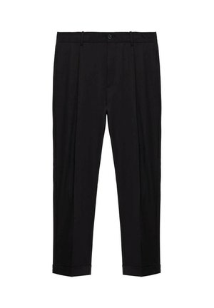 Zwarte op maat gemaakte broek met riemlussen, sluiting met voorste knoop en rits, plooien en omgeslagen broekspijpen.