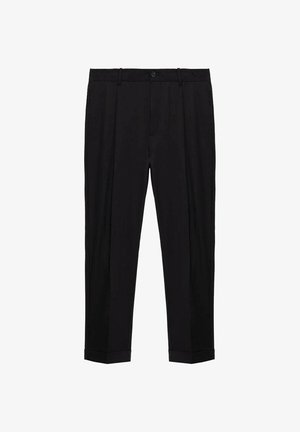 Black tailored trousers with belt loops, front button and zip closure, pleats, and cuffed hems.