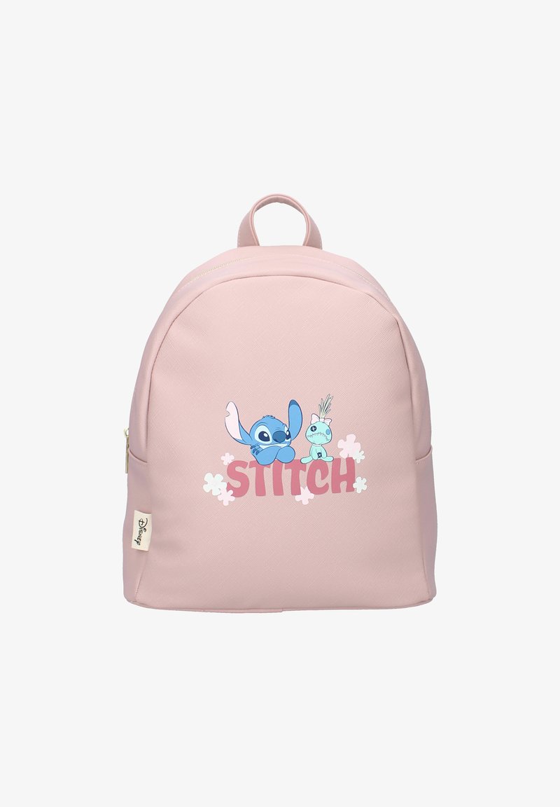 Rosa Rucksack mit strukturierter Oberfläche, mit blauen Stich- und grünen Charaktergrafiken sowie dem Wort "STITCH" in fetter Schrift. Goldene Reißverschlussdetails.