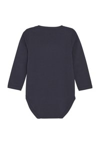 Långärmad marinblå bodysuit i mjuk bomull, med rund hals, tryckknappsstängning i nederkant och utan sömmar.