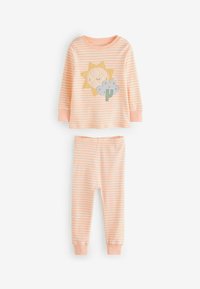 Randig persikofärgad pyjamas-set som innehåller en långärmad topp med ett sol- och molndesign, samt matchande byxor med elastiska mudd.