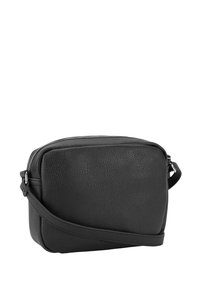 Sort læder crossbody taske med struktureret overflade, lynlåslukning og justerbar rem. Kompakt rektangulær form med afrundede kanter.