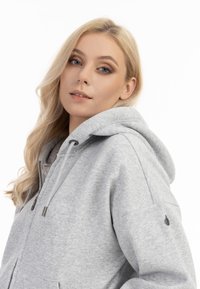 Lichtgrijze zip-up hoodie gemaakt van zacht materiaal, met een grote capuchon, een voorzak en een subtiele logo op de borst.