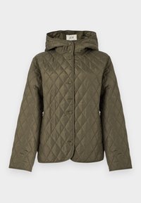 Πρασινωπό χακί τζάκετ με κουκούλα, με κούμπωμα με πατιλέτα, μακριά μανίκια και ομαλή, υφή με ανάγλυφα σχέδια.