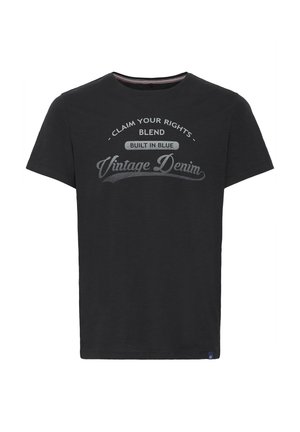 Čierne bavlnené tričko s okrúhlym výstrihom a krátkymi rukávmi. Na prednej strane sa nachádza strieborný grafický nápis "Vintage Denim" a ďalšie frázy.