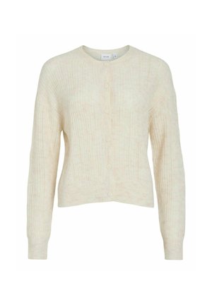 Cardigan couleur crème avec texture côtelée, col rond et fermeture à boutons sur le devant. Présente des manches longues et un design à ourlet court.