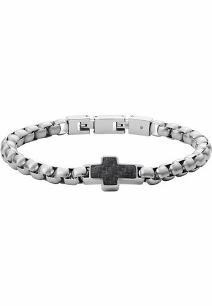 Srebrna bransoletka łańcuszkowa z czarnym krzyżem z włókna węglowego w centrum i prostokątnym zapięciem.