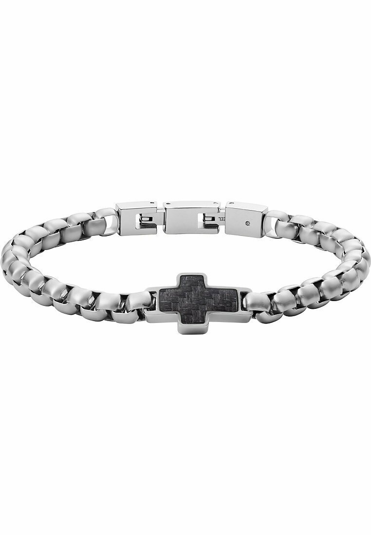 Bracelet chaîne en argent avec un centre croix en fibre de carbone noire et une fermeture à boucle rectangulaire.