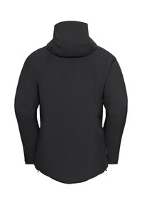 Giacca impermeabile nera con colletto alto e cappuccio. Presenta un design minimalista, una texture liscia e cerniere laterali regolabili.