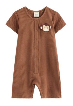 Brun kortærmet babydragt med knapper foran og et lille abeansigt påsyet på brystet.