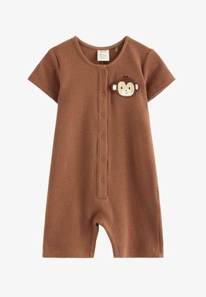 Ruskea lyhythihainen vauvanhaalari, jossa on etupuolella napit ja pieni apinankasvonaamio rintataskussa.