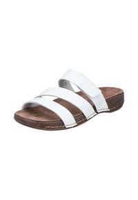 Witte leren schuifsandalen met drie brede banden, een bruine, gevoerde binnenzool en een gestructureerde rubberen zool. Subtiele stiksels.