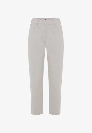 Chinos beige clair avec une coupe droite, fabriqués en tissu de coton doux. Comprend une fermeture éclair et deux poches avant, style minimaliste.