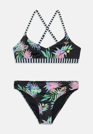 Schwarzes Bikini-Set mit buntem tropischem Blumenmuster und gestreiftem Rand, bestehend aus einem Oberteil mit überkreuzten Trägern und passenden Bikinihosen.