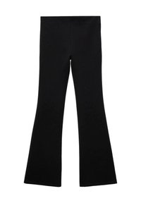 Black flared leggings made from stretch fabric, featuring a high waistband and a smooth texture. The pants are full length with a subtle flare at the hem.