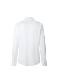 Biała koszula z długim rękawem, kołnierz z guzikami, widok z tyłu, gładka faktura, mankiety z pojedynczym guzikiem i lekko zaokrąglony dół.