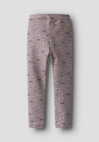 Leggings viola realizzati in tessuto morbido, con un motivo di piccole libellule e fiori in colori chiari, dalla vestibilità aderente.