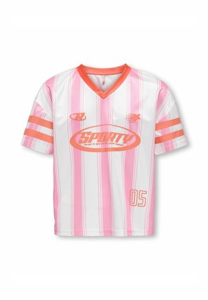Koszulka sportowa z krótkim rękawem i dekoltem w serek, z różowo-białymi pionowymi paskami, pomarańczowymi akcentami oraz logo "SPORTY" i numerem 05 na przodzie.