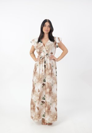 Vestido maxi floral en crema con patrones en tonos rosa y verde. Cuenta con mangas cortas con volantes, un escote en V profundo y una cintura atada. Textura sedosa.