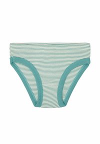 Gestreepte katoen boyshorts in mintgroen en wit, met een brede tailleband en contrasterende beenopeningen, een gladde textuur en een eenvoudig ontwerp.