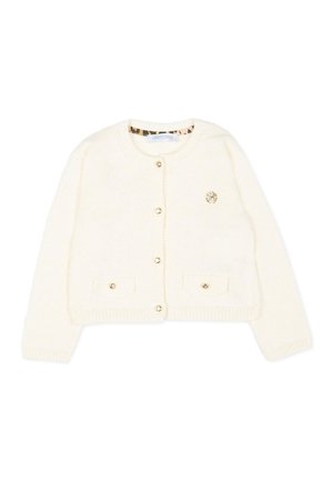 Cardigan corto color crema con bottoni dorati, due tasche frontali e scollo rotondo, con un piccolo logo ricamato sul petto.