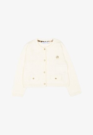 Cardigan court couleur crème avec des boutons dorés, deux poches avant et une encolure ronde, avec un petit logo brodé sur la poitrine.