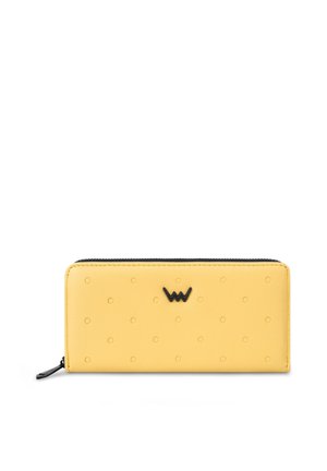 Yellow leather wallet with a textured surface featuring embossed dots. Black zip closure and a contrasting black logo on the front.