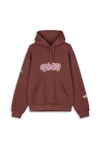 Sudadera marrón con un gran gráfico amarillo y morado de "GRIMEY" en la parte frontal, un bolsillo canguro, capucha con cordón y puños acanalados.