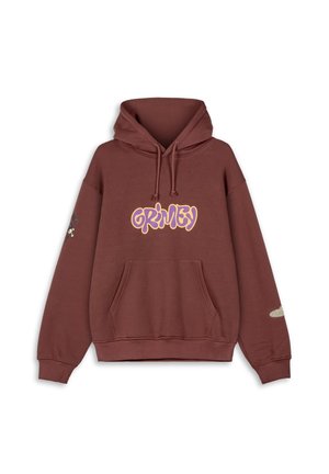 Bruine hoodie met een grote gele en paarse "GRIMEY" graphic aan de voorkant, een kangoeroezak, een capuchon met koorden en geribbelde manchetten.
