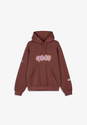 Sudadera marrón con un gran gráfico amarillo y morado de "GRIMEY" en la parte frontal, un bolsillo canguro, capucha con cordón y puños acanalados.