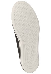 Svart gummisul med strukturerat grepp, med en vit präglad logotyp och en upphöjd kant för stabilitet. Slät och platt design.