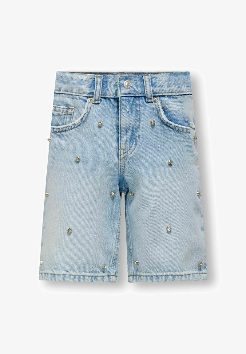 Shorts din denim de un albastru deschis, decorate cu embellishments din cuie argintii, cu un design clasic cu cinci buzunare și închidere cu buton la talie.
