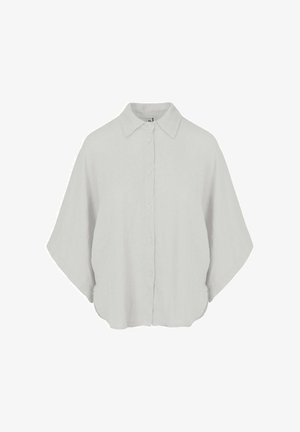 Hellgraue locker sitzende Bluse mit Knöpfen, weiten Ärmeln und spitzem Kragen aus weichem, strukturiertem Stoff.