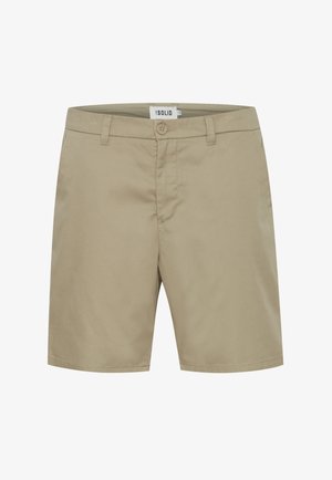 Beige shorts van lichtgewicht stof, met een standaard tailleband, voorste knoopsluiting en twee zijzakken. Glad textuur en op maat gemaakte pasvorm.